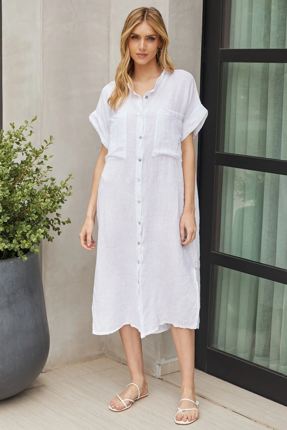 THE MICAELA MANDARIN COLLAR LINEN SHIRT DRESS