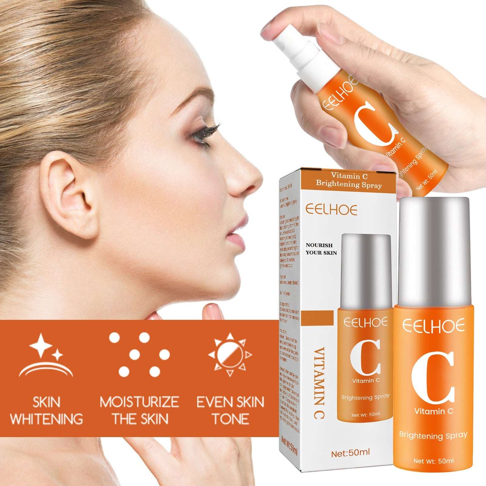 Máscara de colágeno solúvel em água e spray hidratante com vitamina C