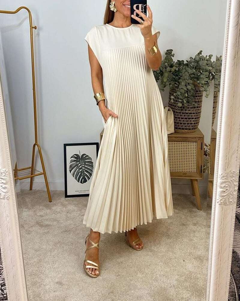 Vestido plissado simples de cor sólida para mulheres