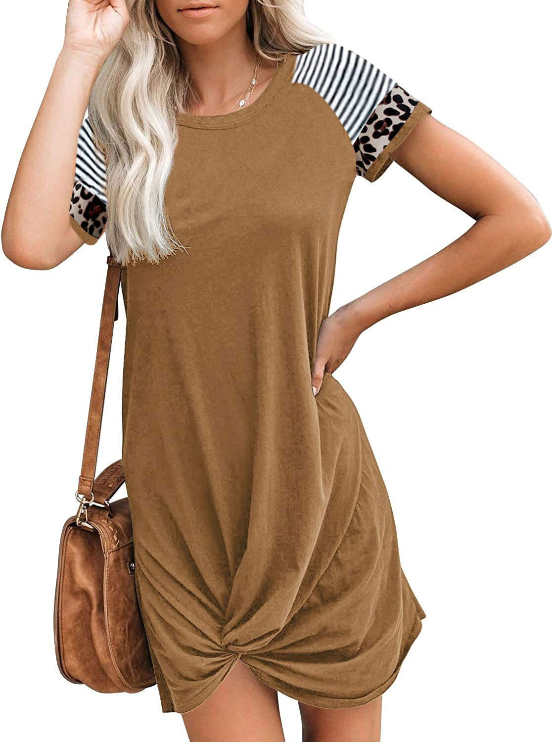 Vestido de manga curta com bolso e t-shirt raglan com padrão leopardo primavera e verão