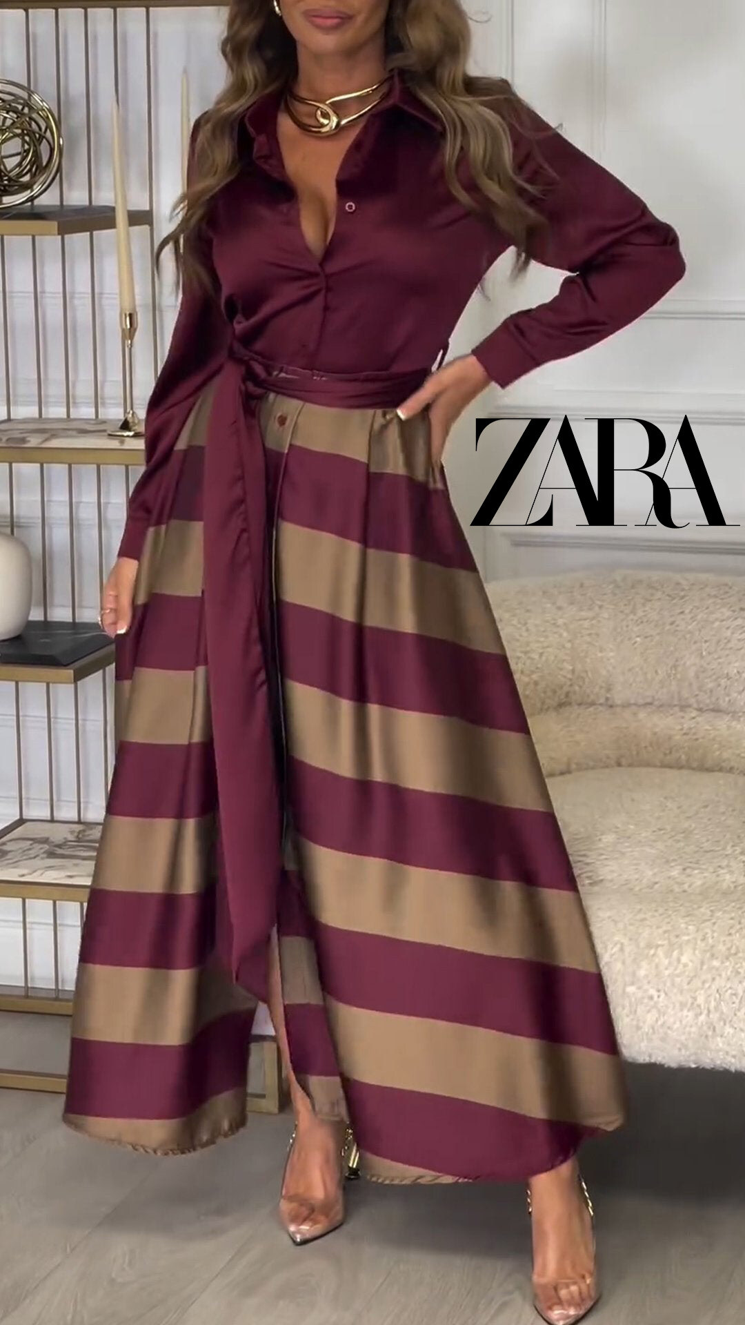 ZARA®Dámské pruhované šaty s dlouhým rukávem a klopou s prošíváním