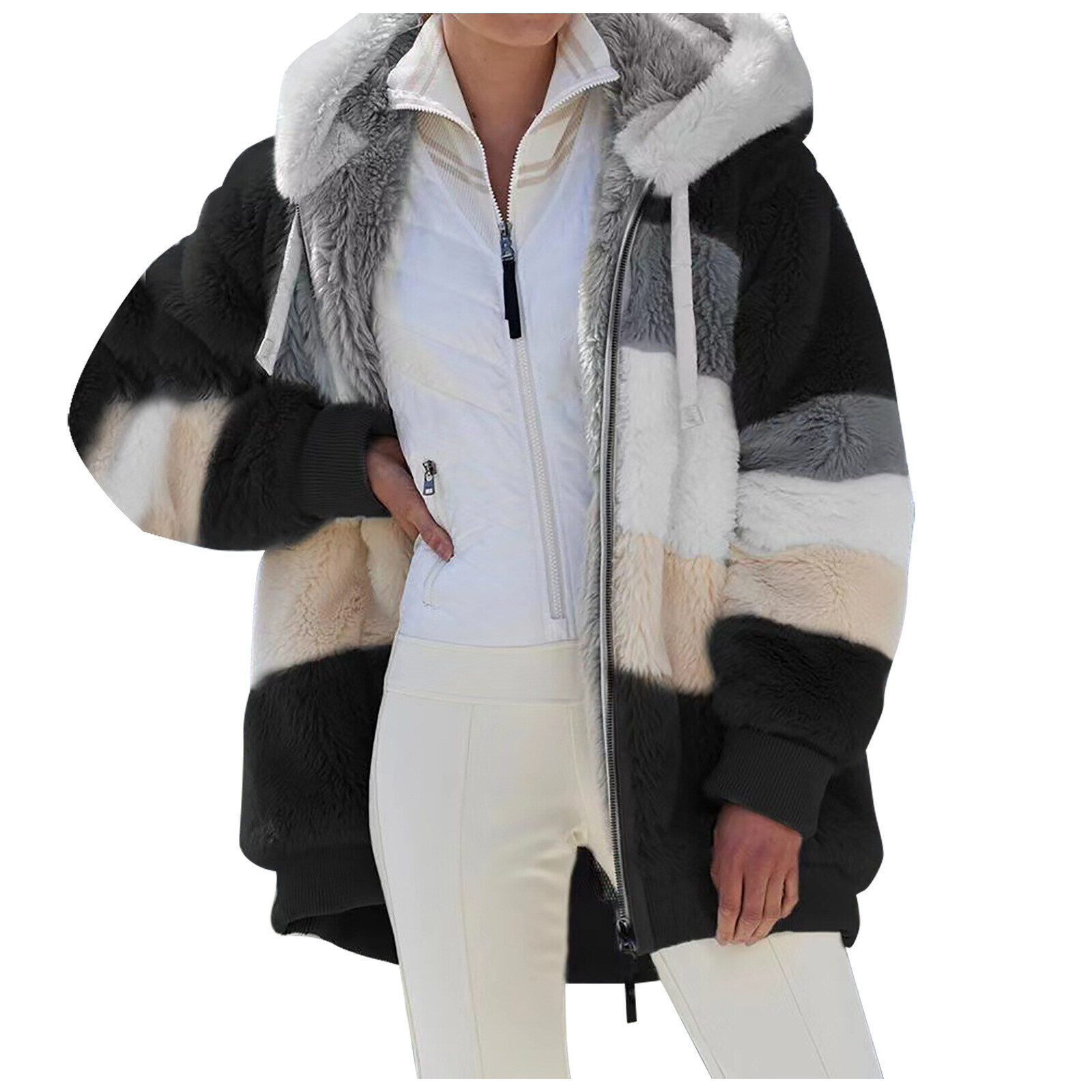 2025 Outono e Inverno Quente Plush Patchwork Zíper Bolso Com Capuz Solto Jaqueta Feminina
