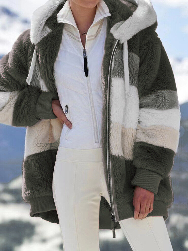 2025 Outono e Inverno Quente Plush Patchwork Zíper Bolso Com Capuz Solto Jaqueta Feminina