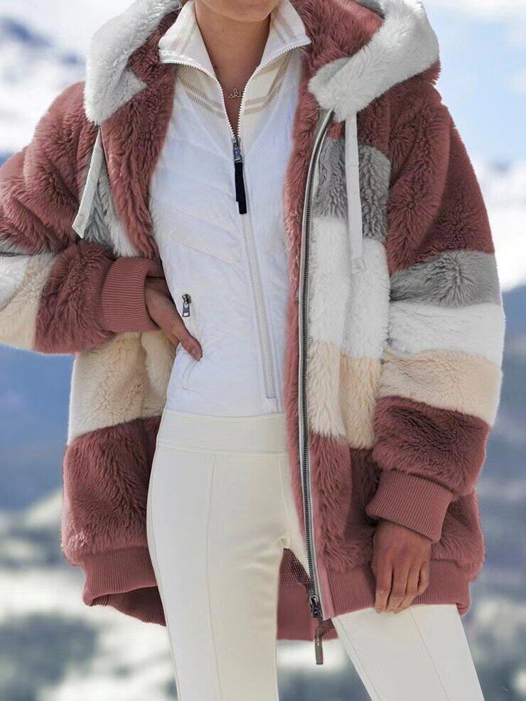 2025 Outono e Inverno Quente Plush Patchwork Zíper Bolso Com Capuz Solto Jaqueta Feminina