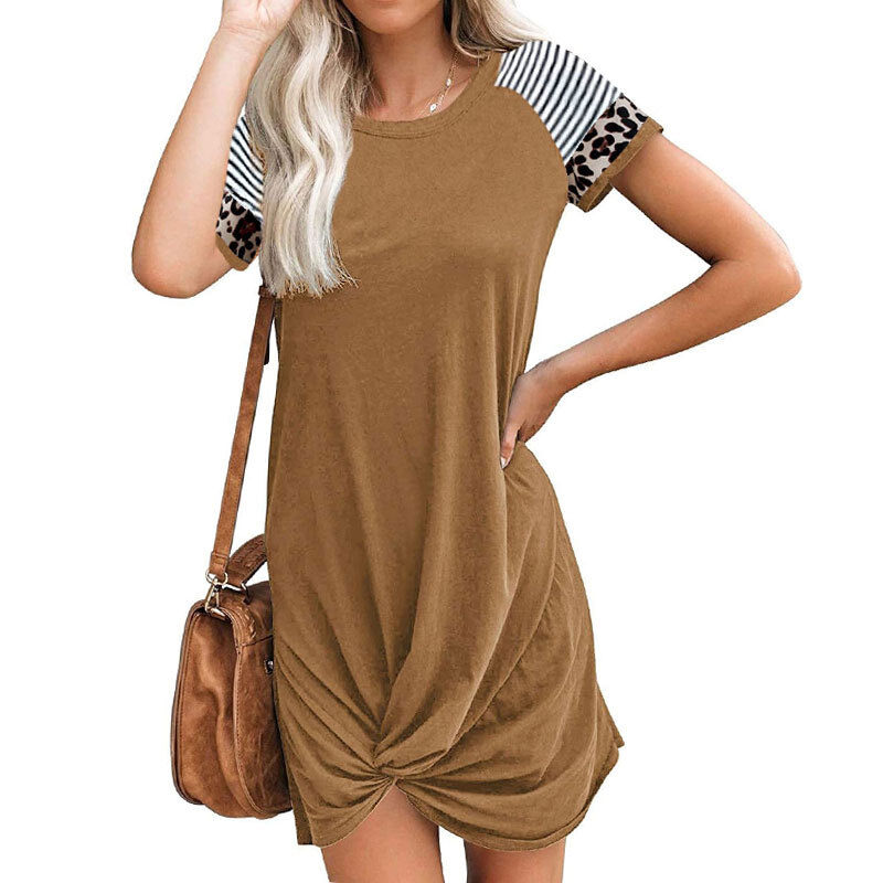 Vestido de manga curta com bolso e t-shirt raglan com padrão leopardo primavera e verão