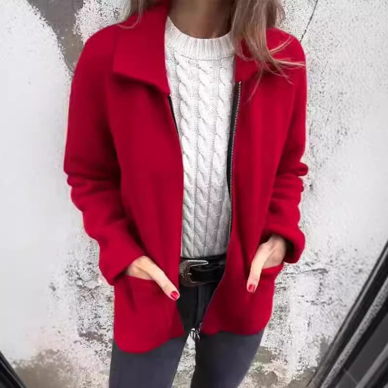 2025 outono e inverno novo feminino lapela cor sólida zíper bolso jaqueta comprimento médio casaco feminino