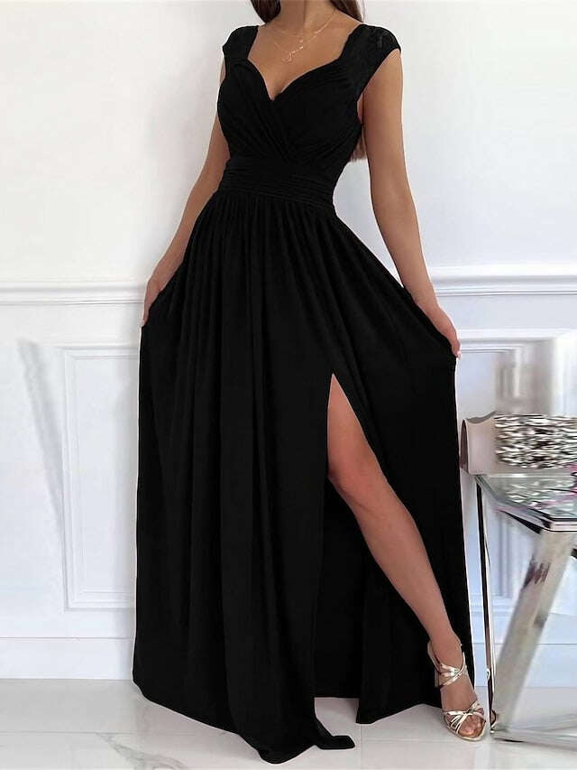 Vestido feminino preto de baile, vestido de festa, renda, babado, decote em V