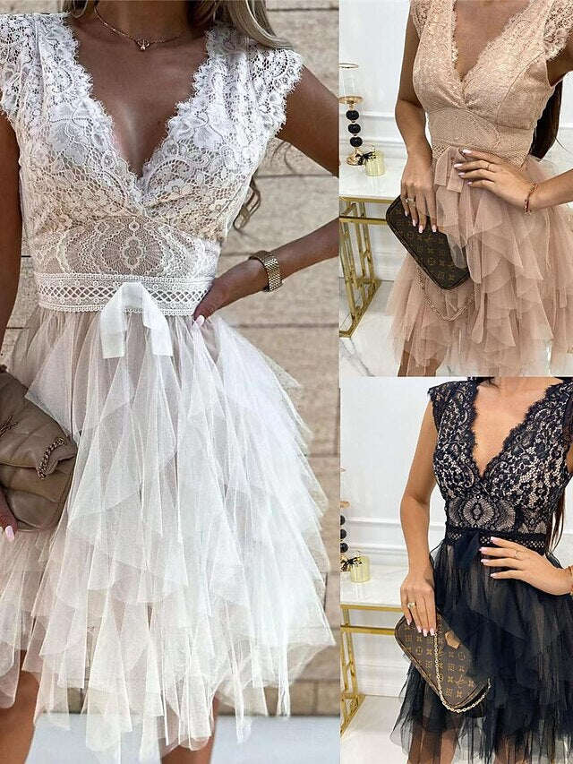 Vestido feminino elegante e elegante de renda sem mangas