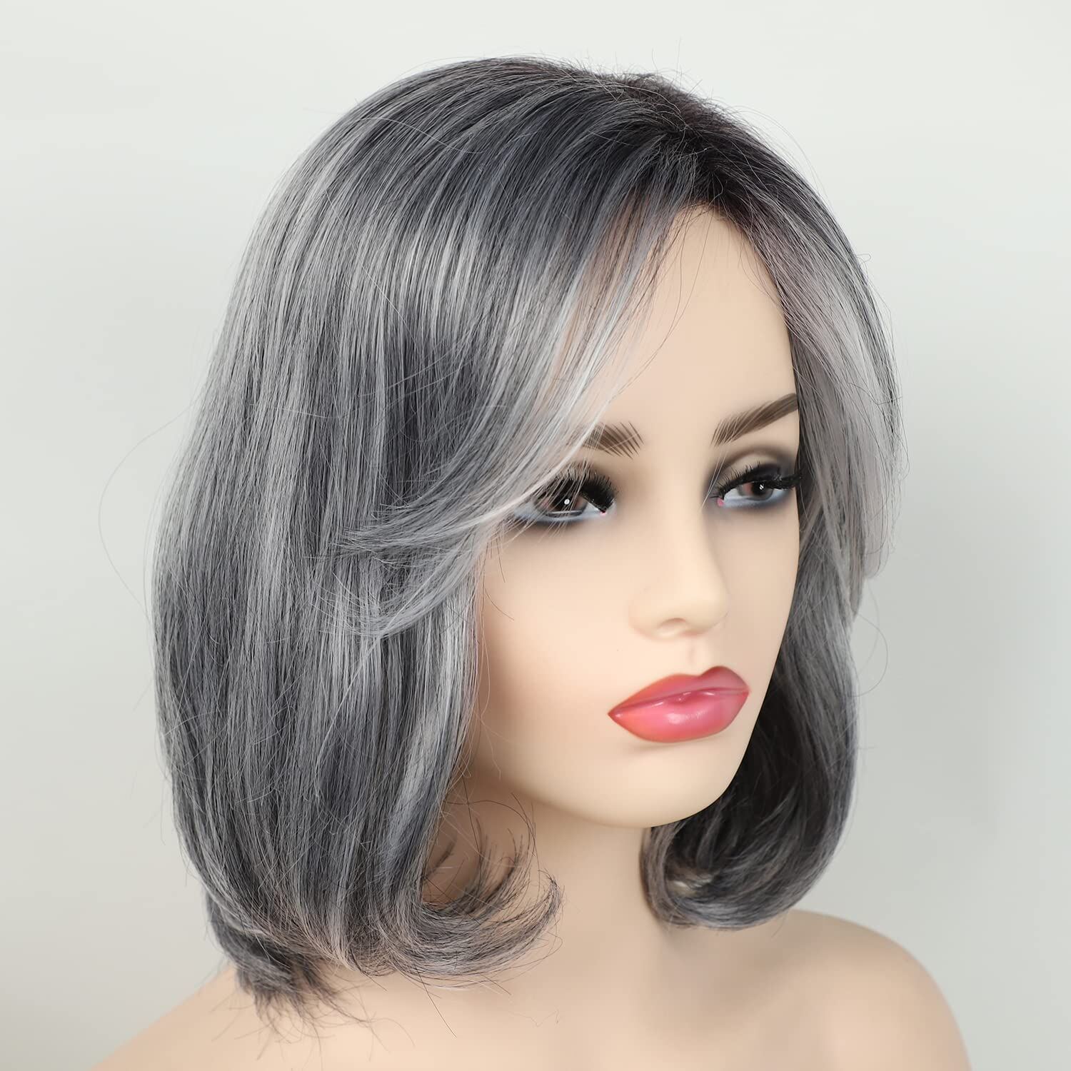 Peruca de cabelo liso natural Ombre cinza curto Bob