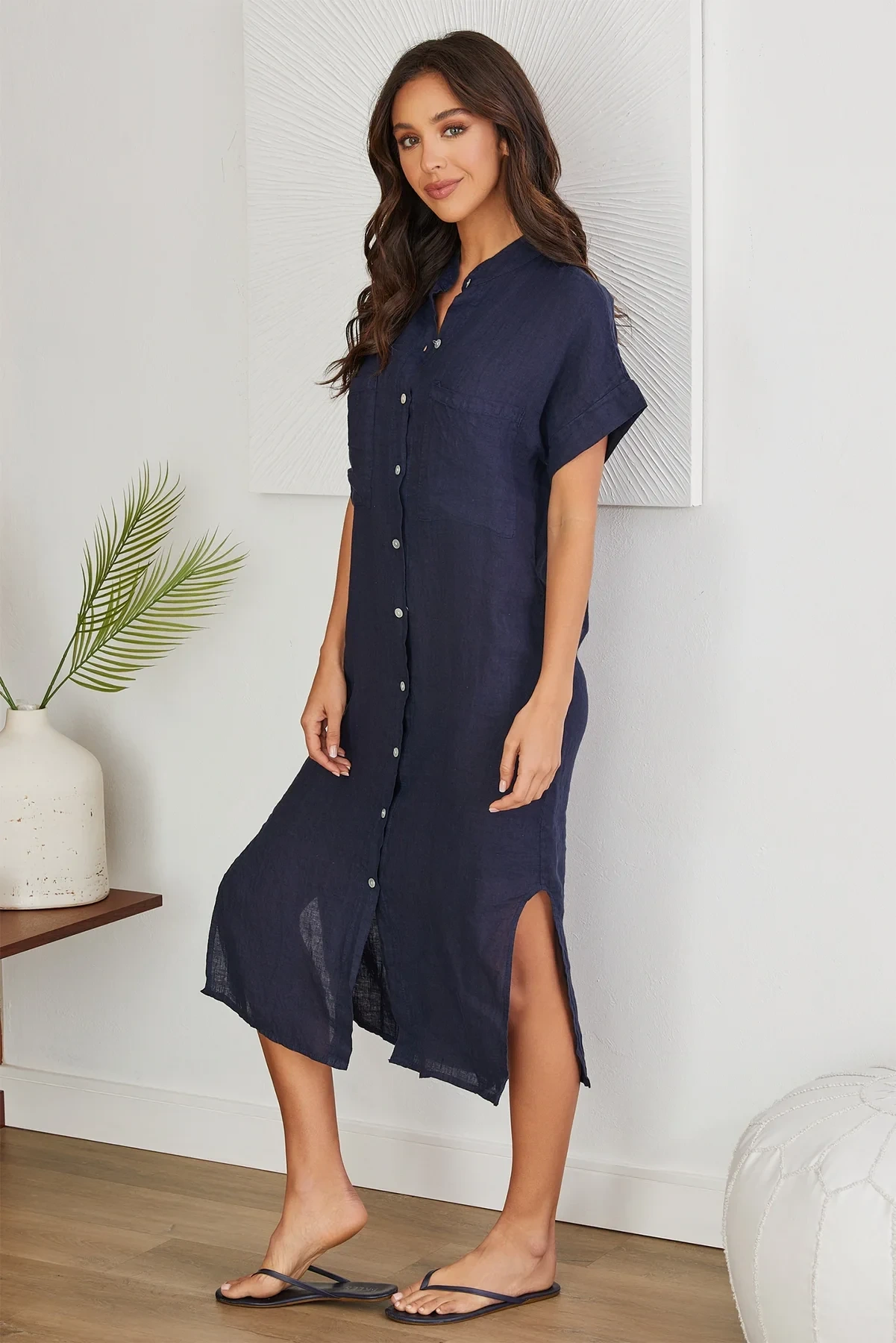 THE MICAELA MANDARIN COLLAR LINEN SHIRT DRESS