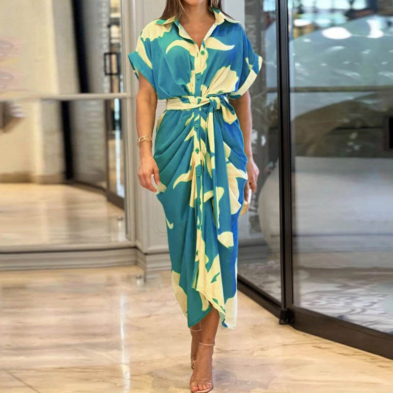 Vestido comprido de camisa de cintura alta com lapela estampada para mulher 2025