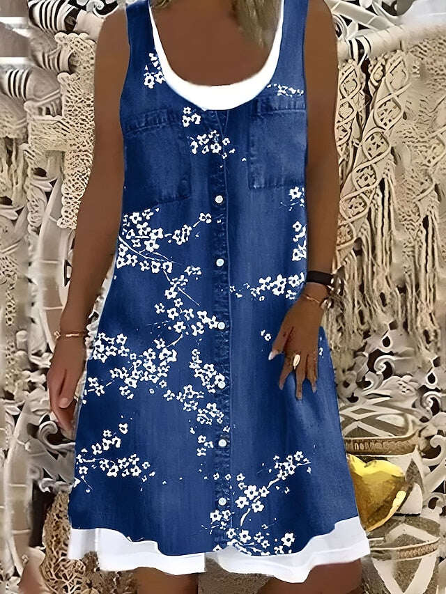 Vestido feminino linha a midi cinza sem mangas floral falso duas peças verão primavera em torno do pescoço moderno 2023 5xl