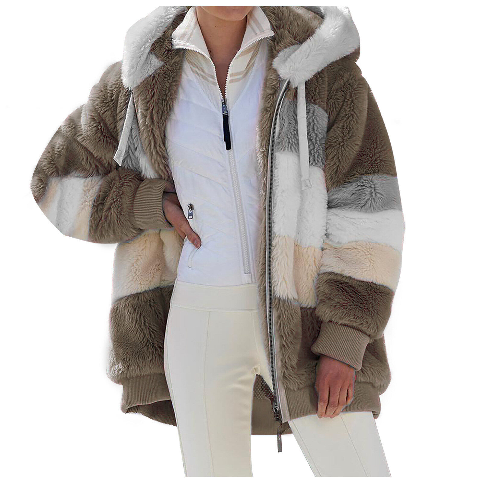 2025 Outono e Inverno Quente Plush Patchwork Zíper Bolso Com Capuz Solto Jaqueta Feminina