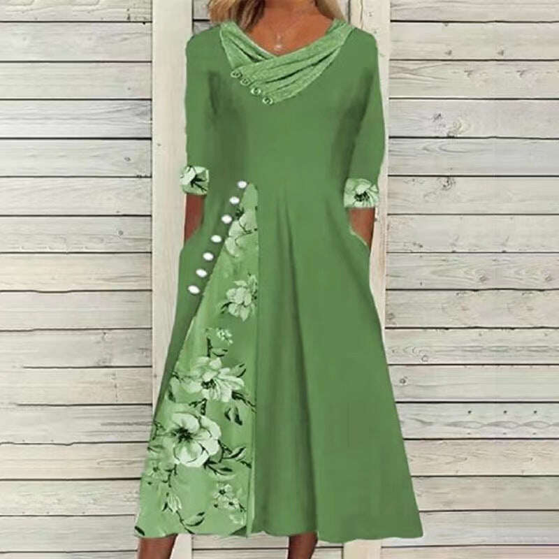 Vestido Balan?o Feminino Vestido Midi Verde Azul Cinza Meia Manga Estampado Floral Primavera Ver?o Decote em V Moda Casual