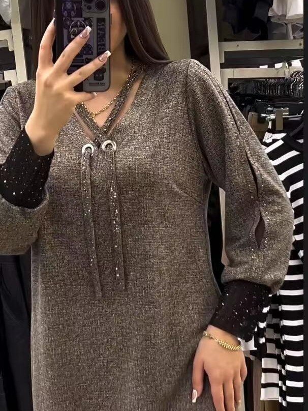 ✨Novidades em alta✨Vestido de manga comprida para mulher com cordão e decote em V