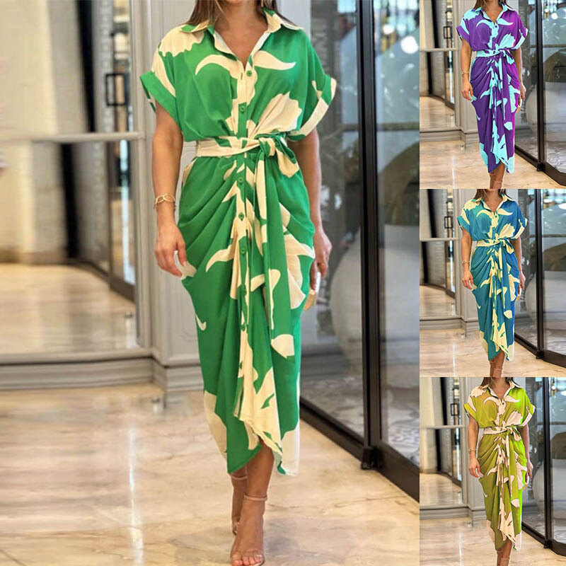 Vestido comprido de camisa de cintura alta com lapela estampada para mulher 2025