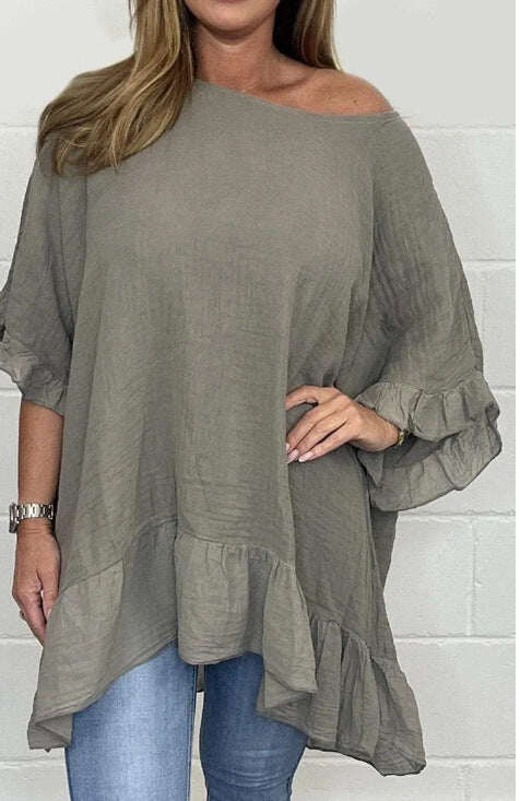 Camisa elegante para mulher com gola bateau plus size e mangas raglan de algodão com folhos soltos