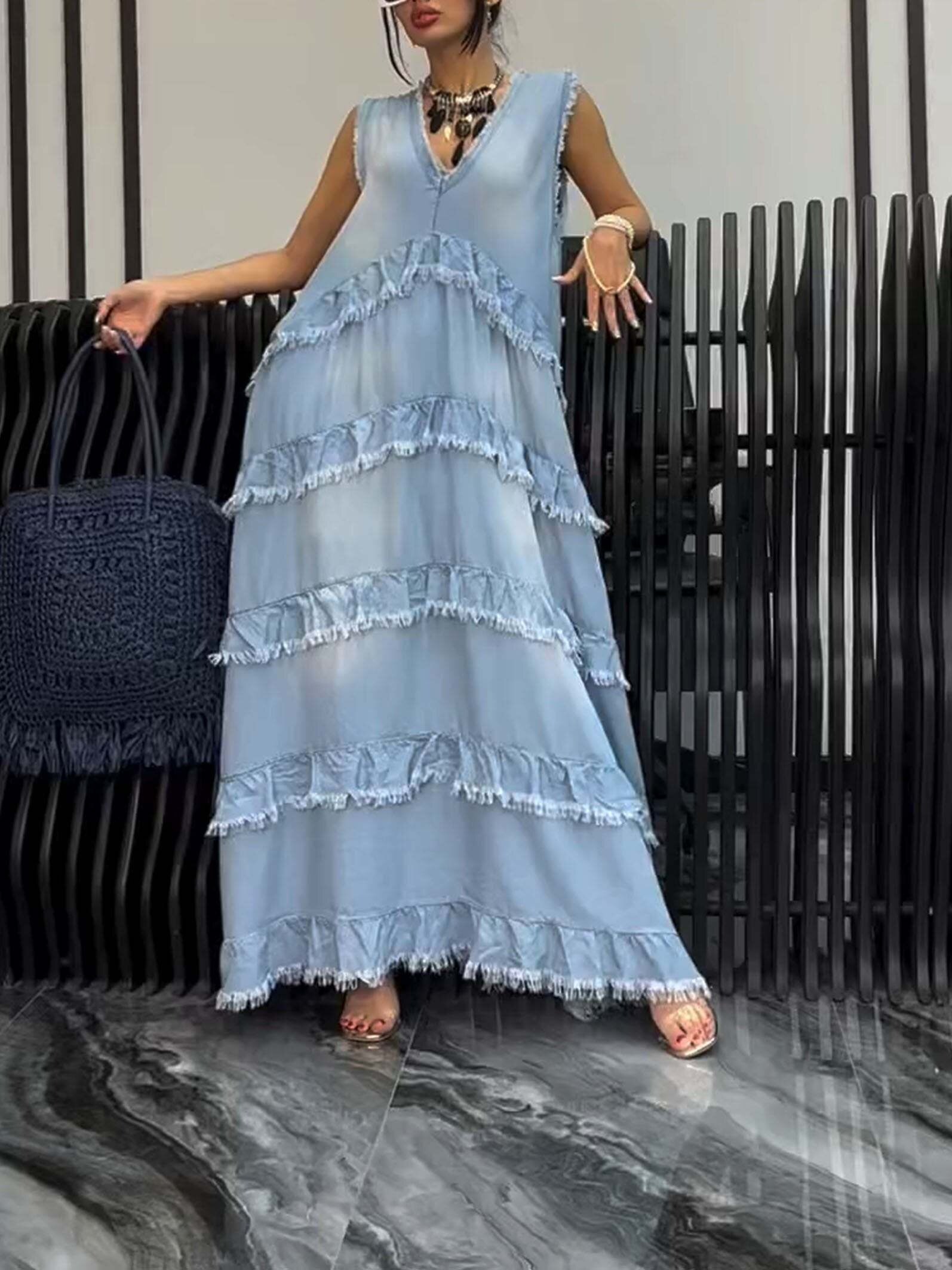 💃VESTIDO LONGO FEMININO JEANS COM BORDAS CRUAS E CAMADAS