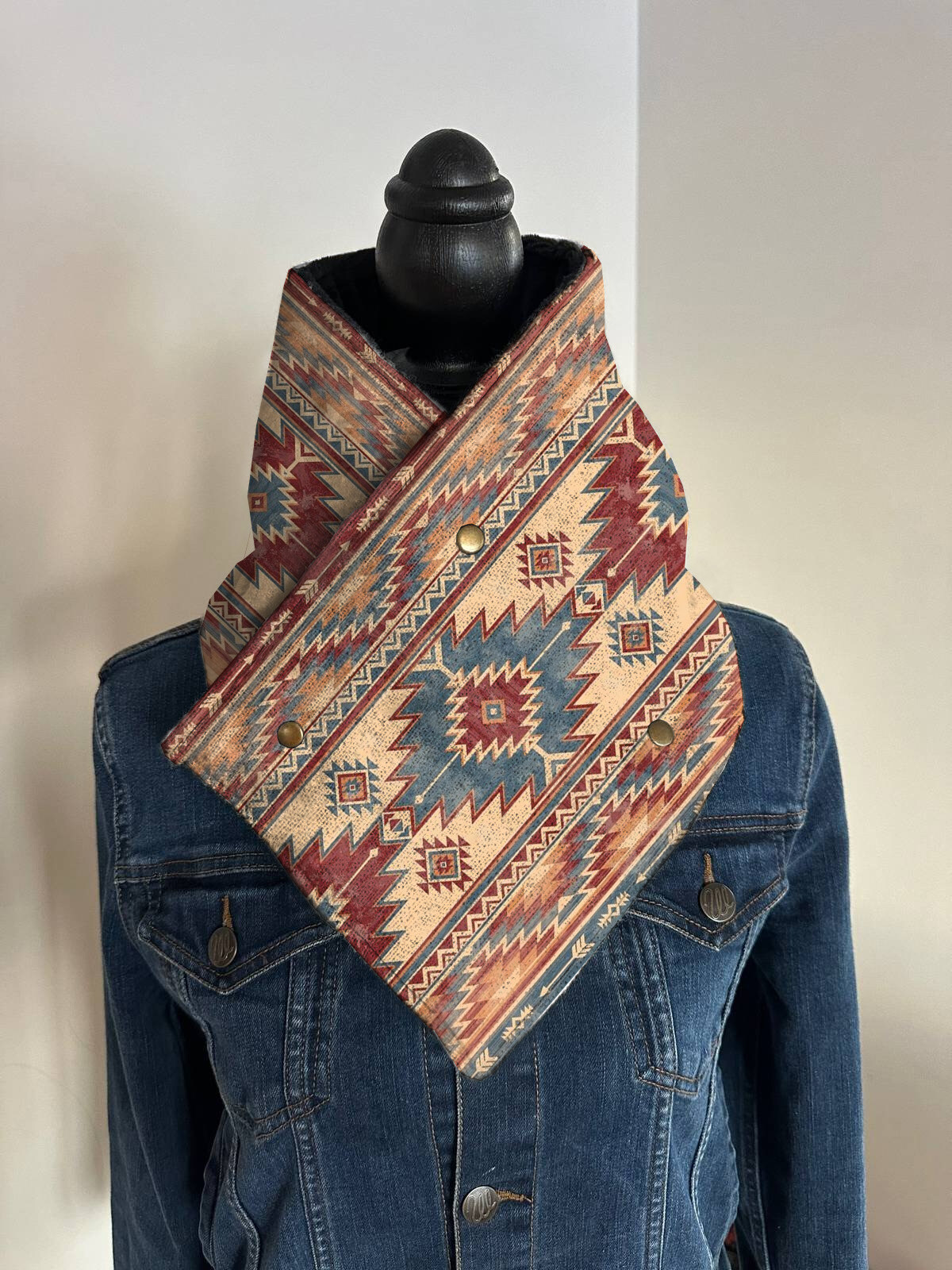 Women's Western Cowboy Red and Blue Print Aztec Warm Neck Hood