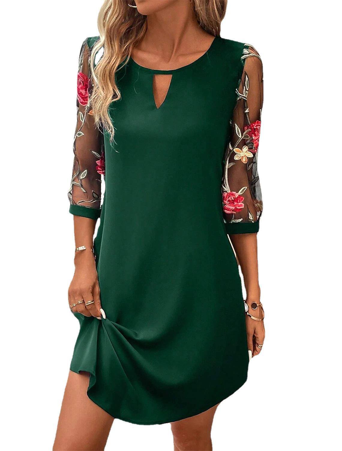 [S-3XL] Vestido floral com mangas 3/4 transparentes