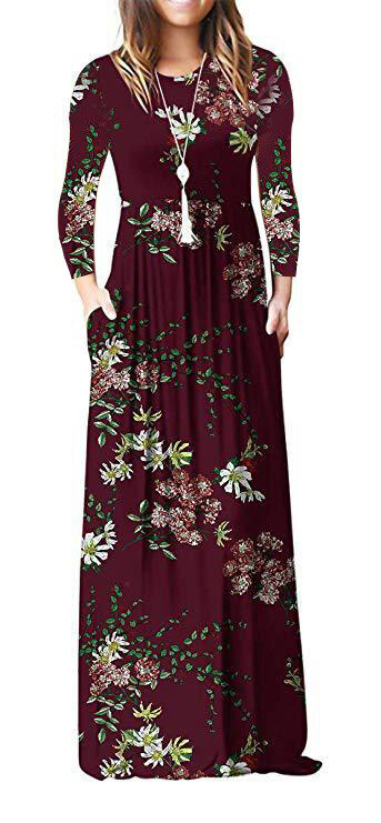 Amazon WISH hit 2023 autumn new element printed round neck pocket long sleeve dress waist long skirt