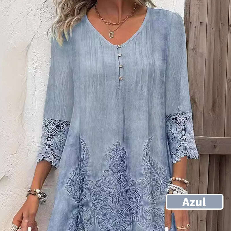 Vestido elegante de renda com meia manga e decote em V para mulher