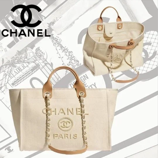 Chanel Canvas Pearl Deauville Medium Tote Beige or Black