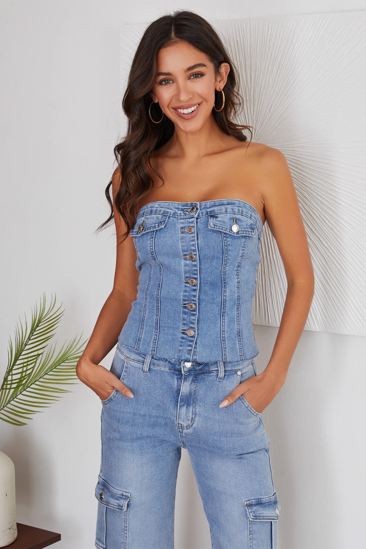 THE DENIM BUTTON TUBE CORSET TOP