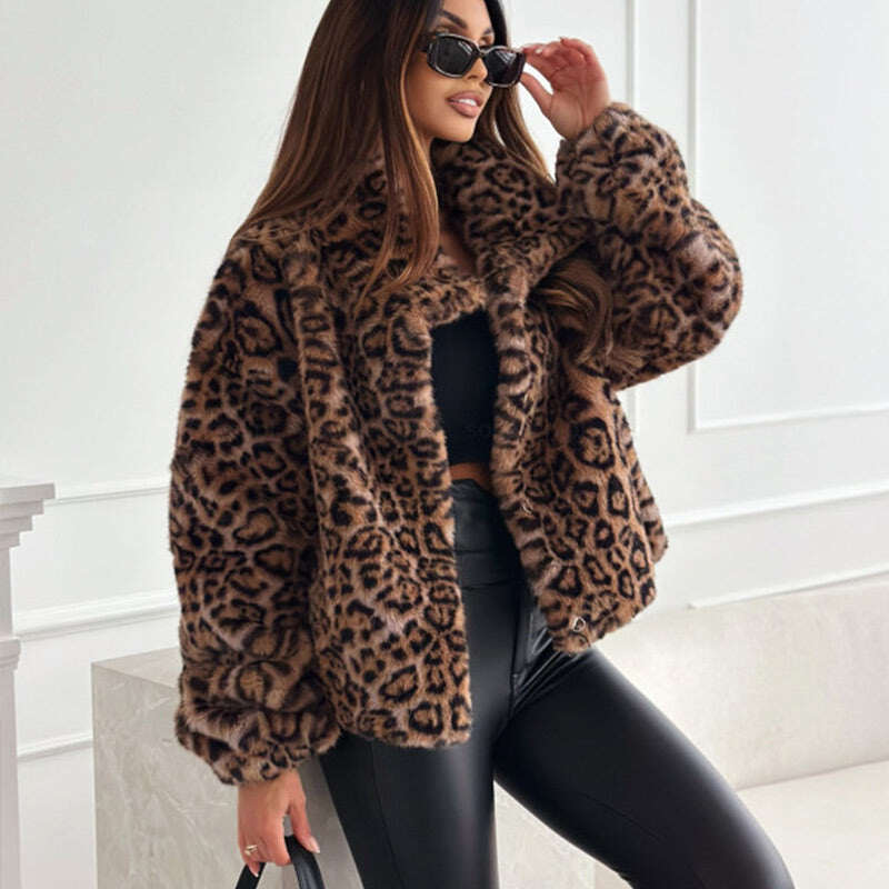 Casaco curto fofo feminino com padrão de leopardo💥Oferta por tempo limitado