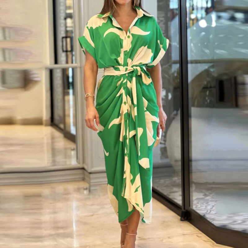 Vestido comprido de camisa de cintura alta com lapela estampada para mulher 2025