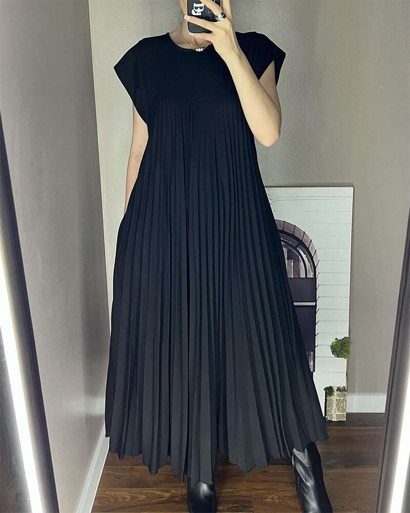 Vestido plissado simples de cor sólida para mulheres