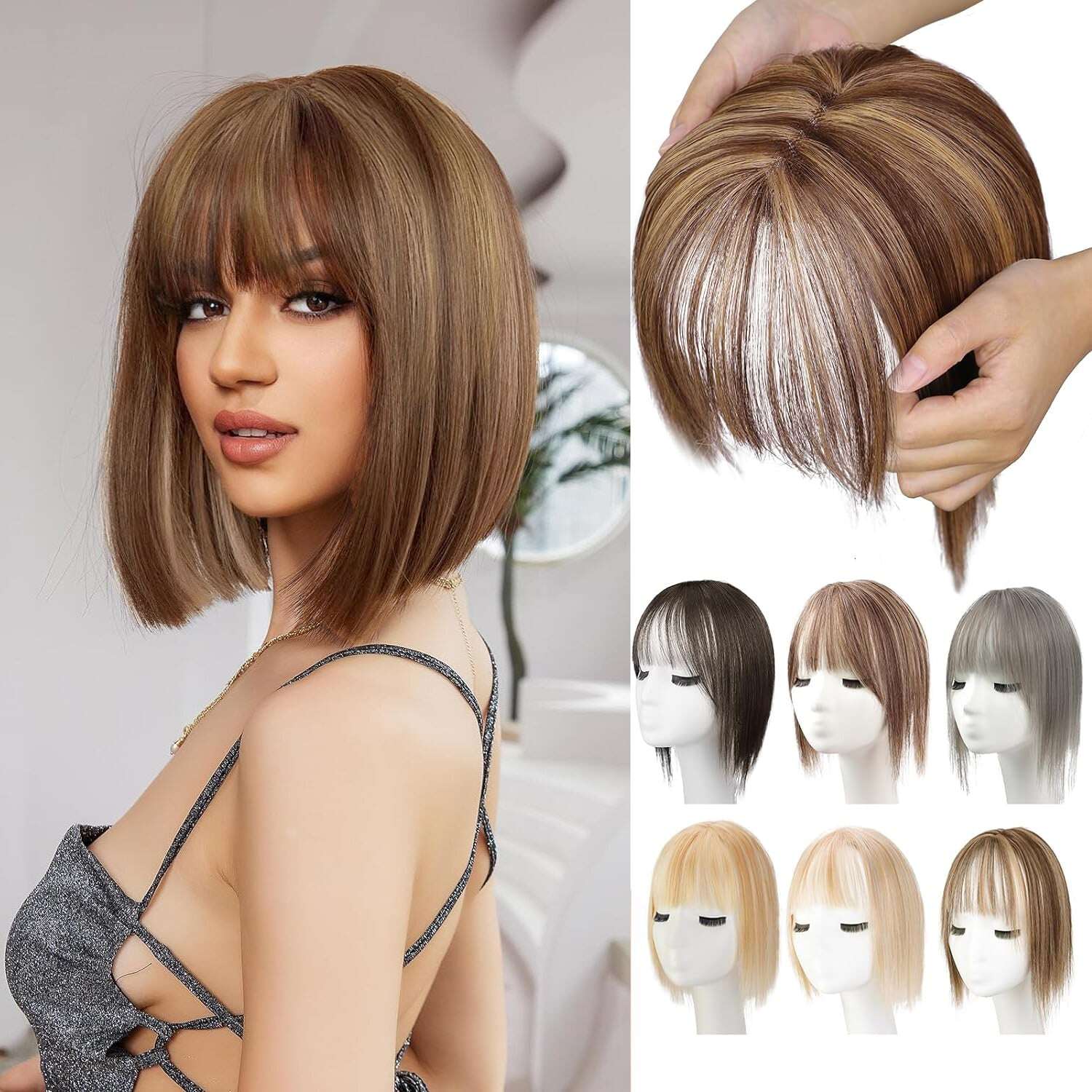 Toppers de cabelo 100% humano para mulheres, adicionando volume de cabelo com franja, 12 polegadas, invisível