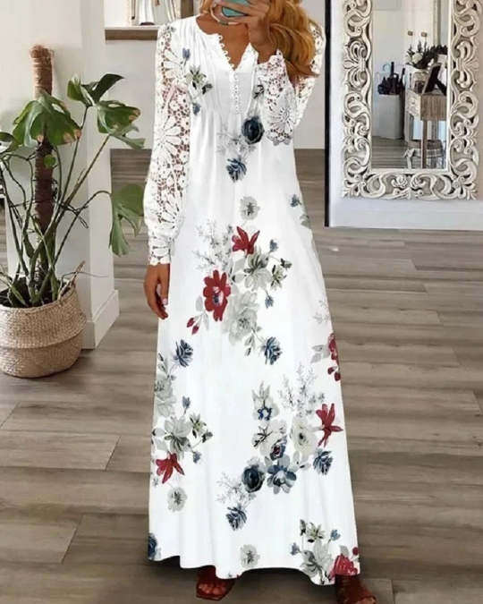 Vestido de algodão com estampado e rendas