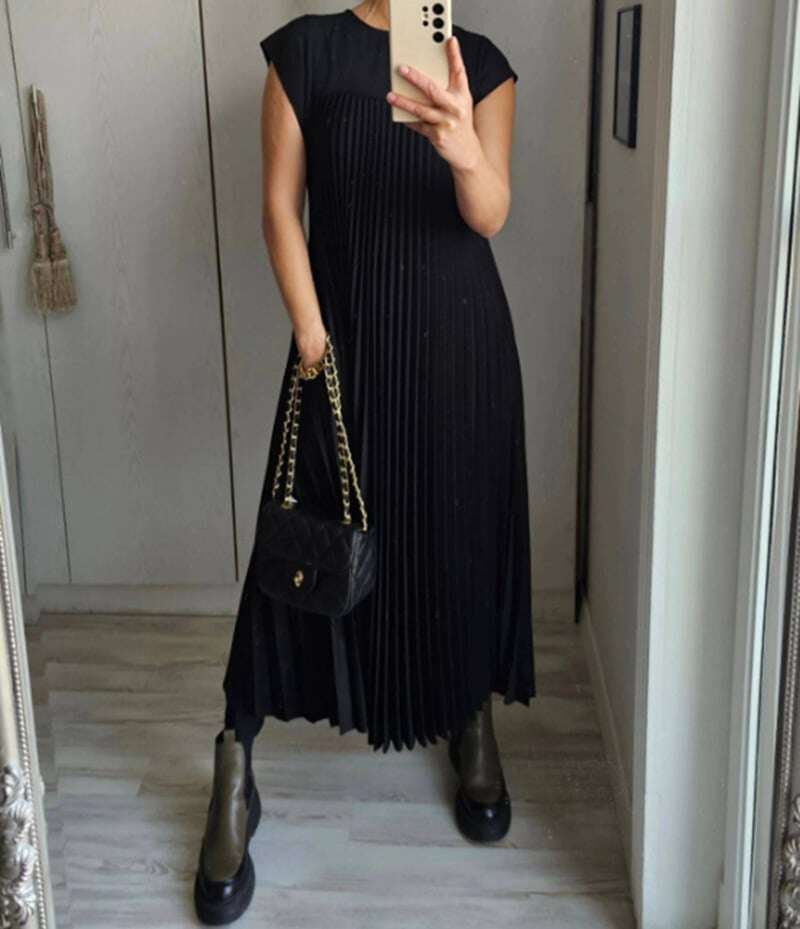 Vestido plissado simples de cor sólida para mulheres