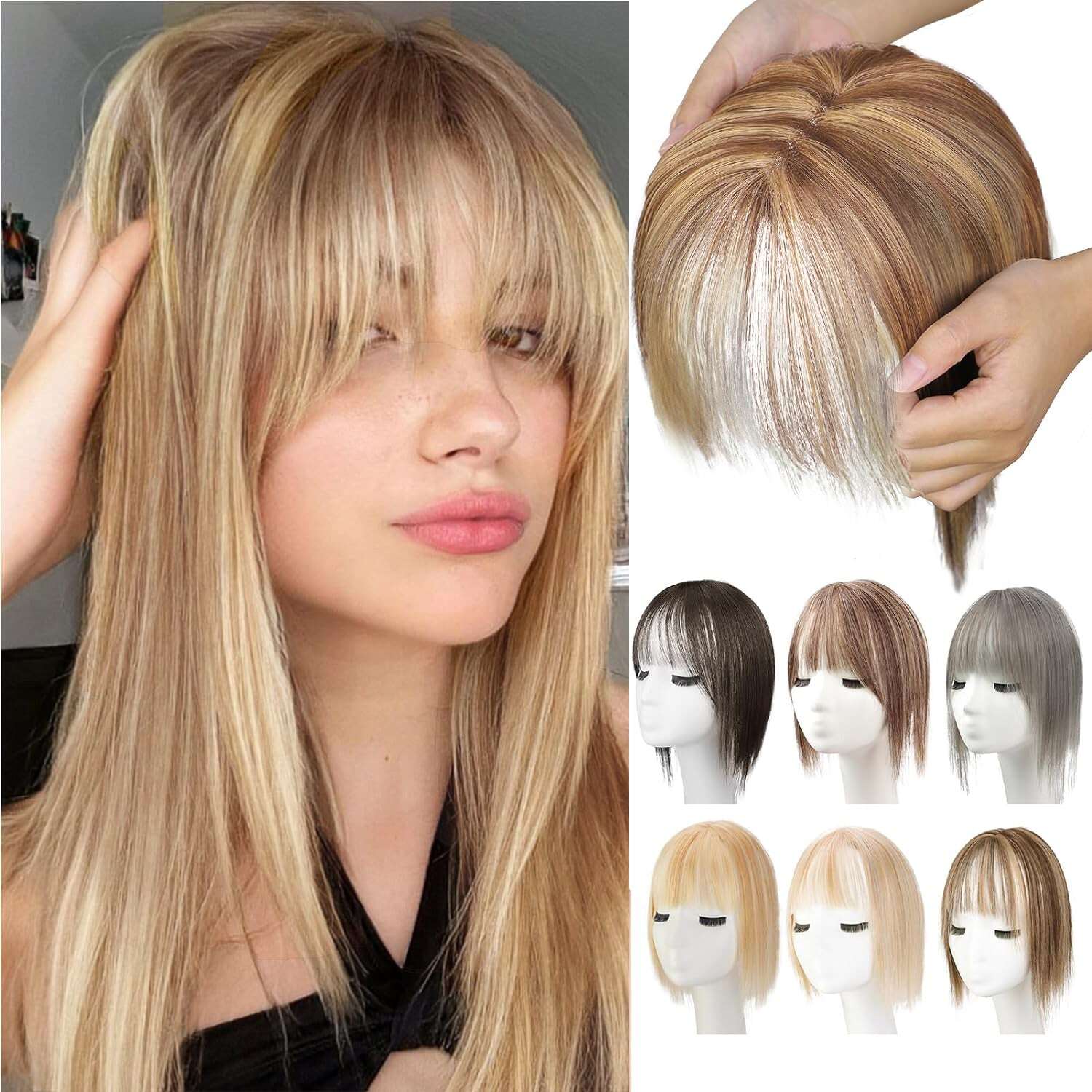 Toppers de cabelo 100% humano para mulheres, adicionando volume de cabelo com franja, 12 polegadas, invisível