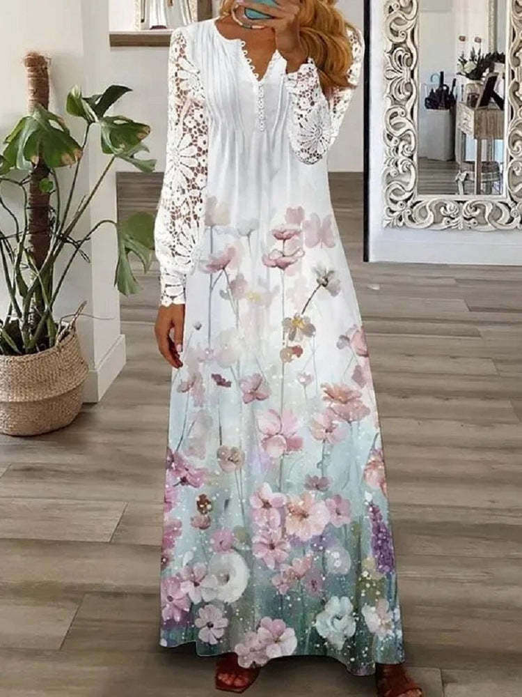 Vestido de algodão com estampado e rendas