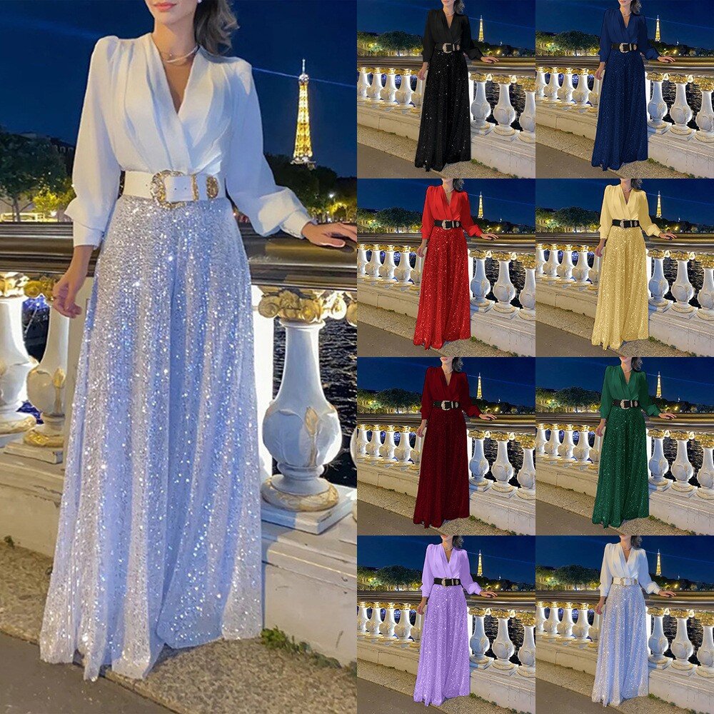 2024 vestidos femininos primavera e outono premium com decote em v manga comprida elegante cintura lantejoulas vestido francês