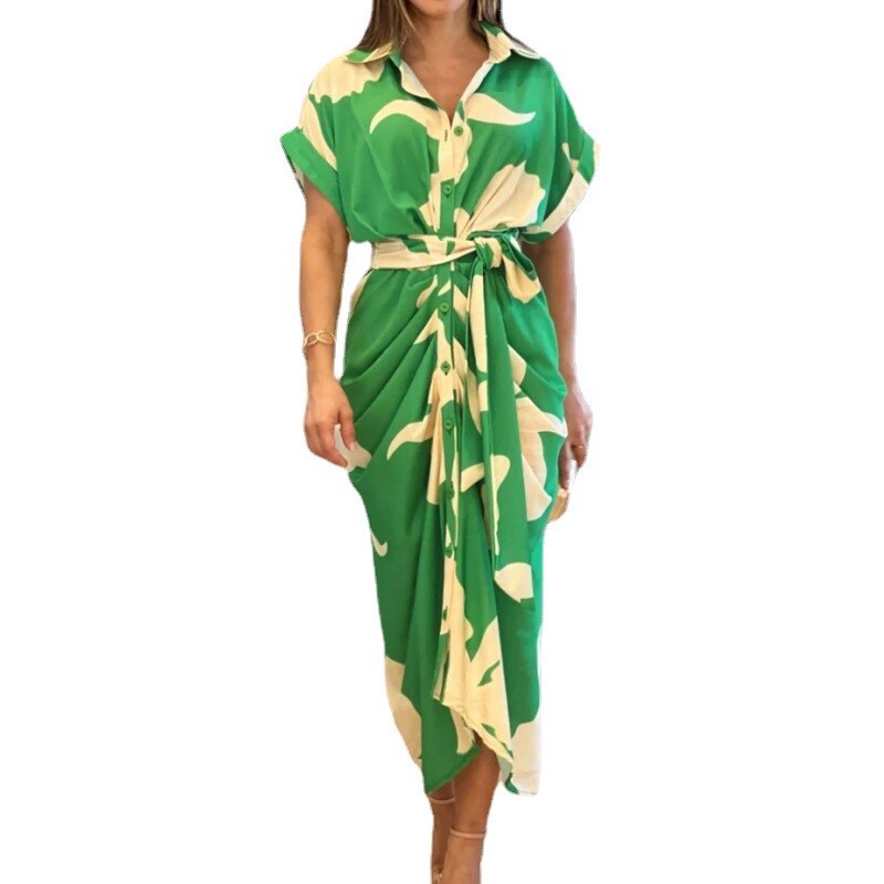 Vestido comprido de camisa de cintura alta com lapela estampada para mulher 2025