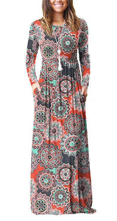 Amazon WISH hit 2023 autumn new element printed round neck pocket long sleeve dress waist long skirt