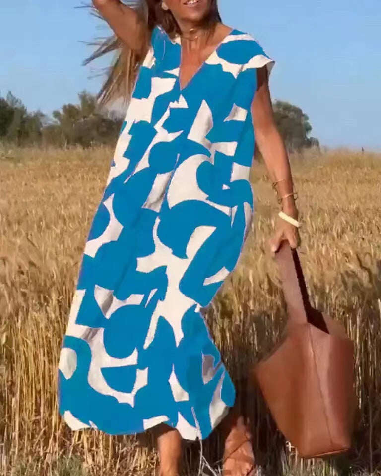 Vestido casual feminino com blocos geométricos de cores