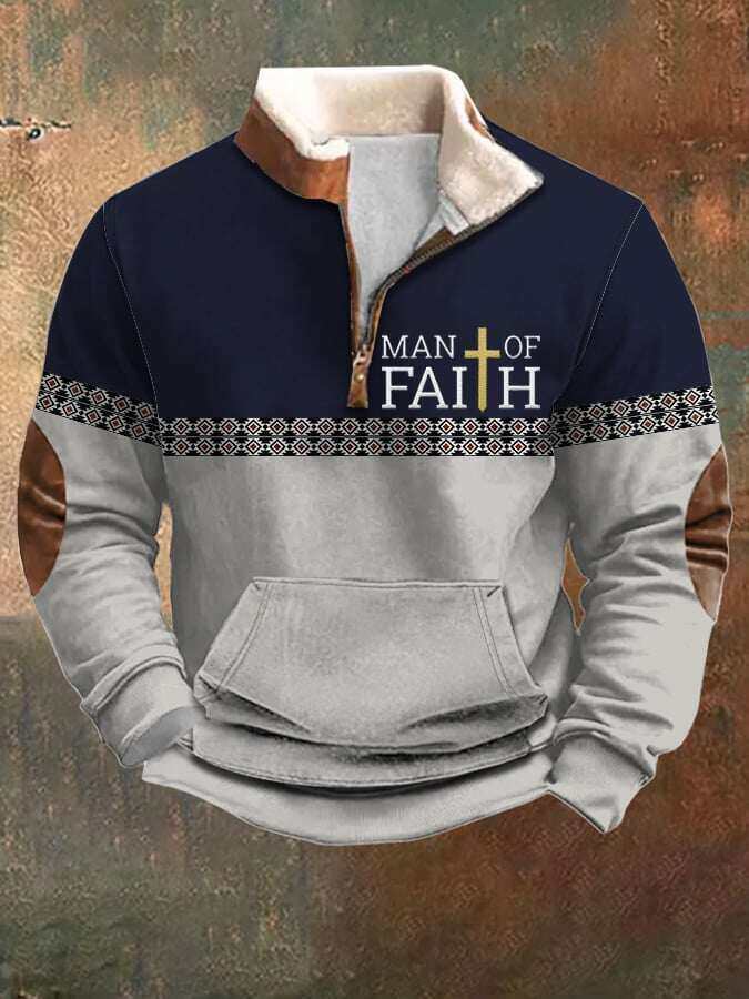 Moletom masculino Faith Contrast Color Retro zip com mangas compridas e gola de pele