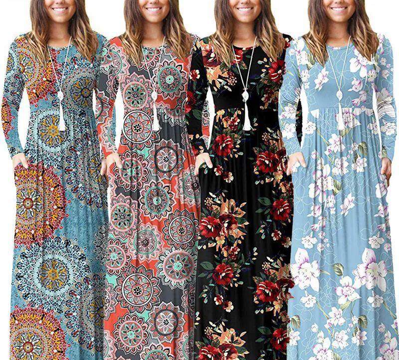 Amazon WISH hit 2023 autumn new element printed round neck pocket long sleeve dress waist long skirt