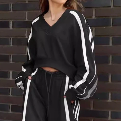 Conjunto de 2 peças de sweatshirt com decote em V e calças largas