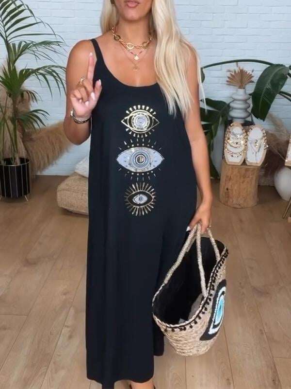 Vestido feminino com decote redondo e suspensório com estampa de olhos