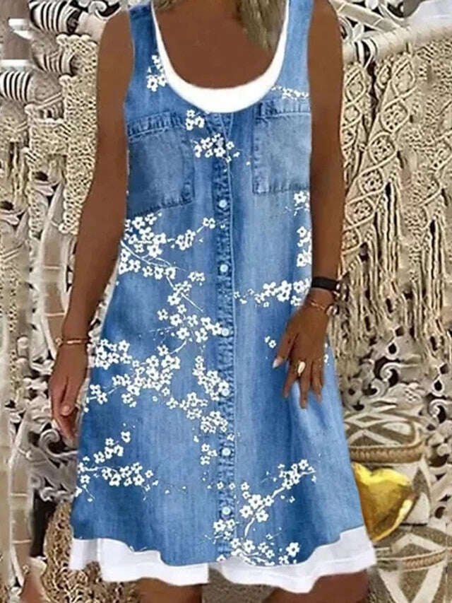 Vestido feminino linha a midi cinza sem mangas floral falso duas peças verão primavera em torno do pescoço moderno 2023 5xl