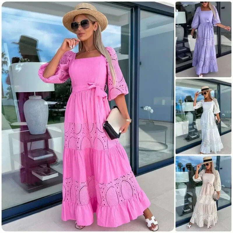 🎊2024 Novos produtos👗Vestido comprido feminino da moda com laço na cintura e decote quadrado