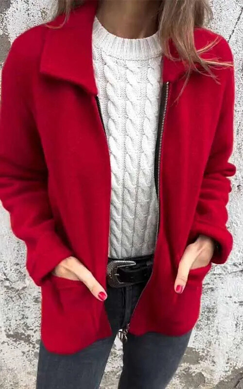 2025 outono e inverno novo feminino lapela cor sólida zíper bolso jaqueta comprimento médio casaco feminino