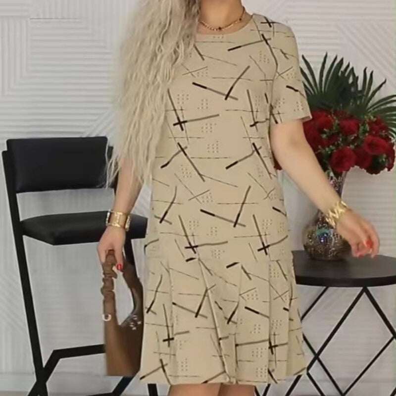 Vestido feminino com estampa da moda, solto, manga curta, plissado