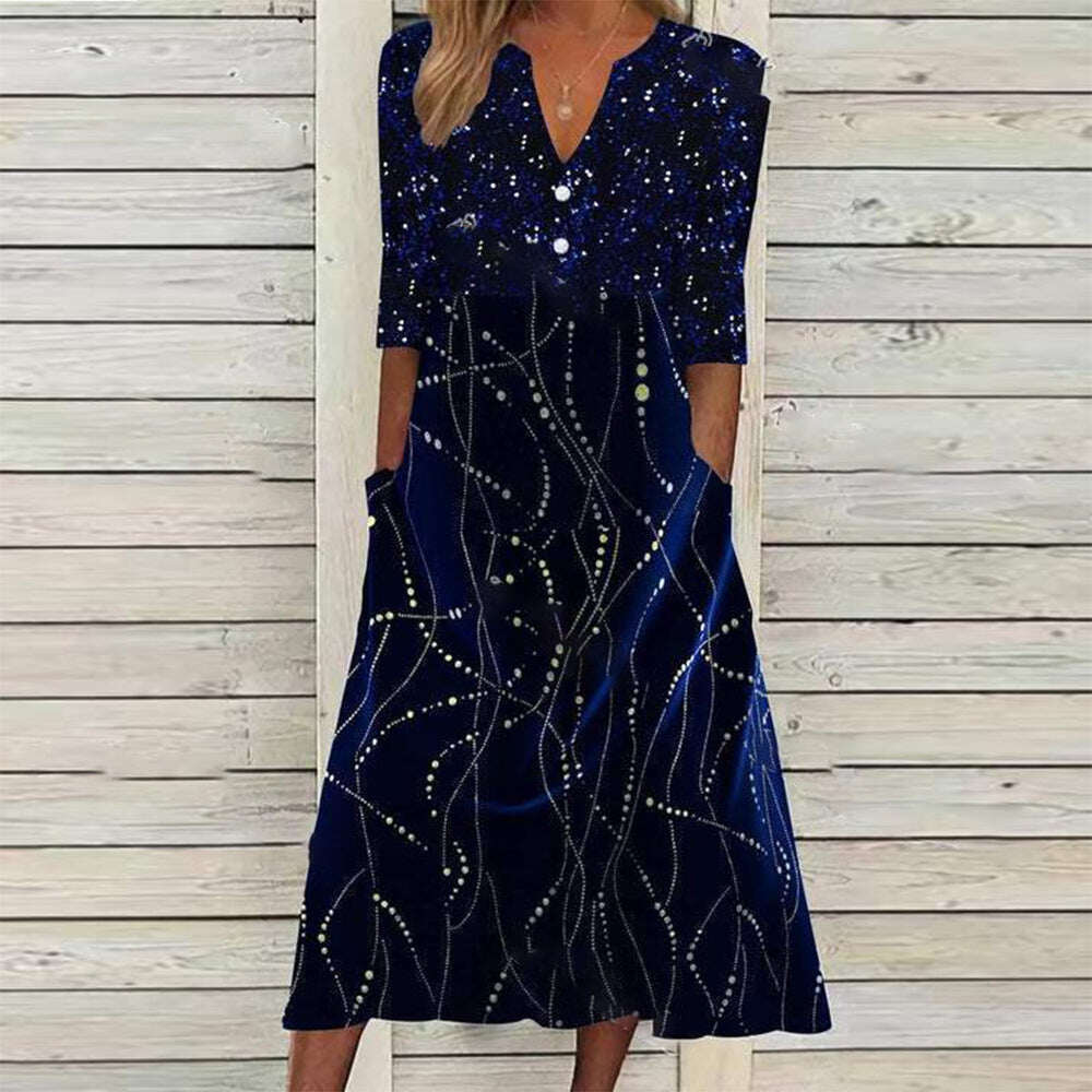 Vestido midi com bolso lateral estampado azul meia-noite linha constellation