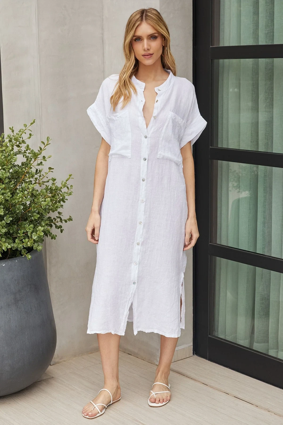 THE MICAELA MANDARIN COLLAR LINEN SHIRT DRESS